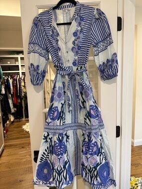 CELINA MOON Blue & White Floral Stripe Midi Dress with Belt